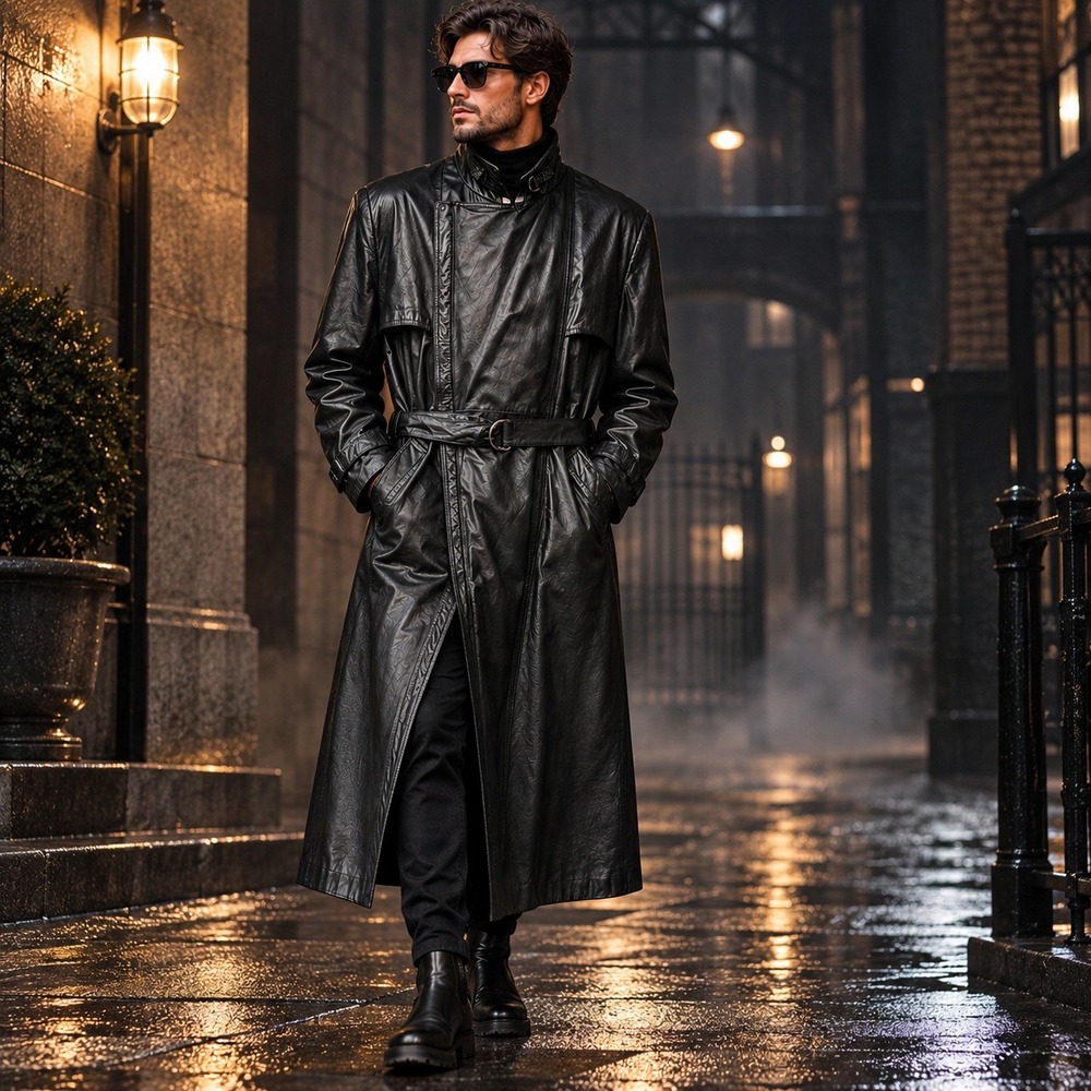 Vtg Bermans Leather Trench Coat Men M/L Black Long Zip Belted Matrix Goth Biker